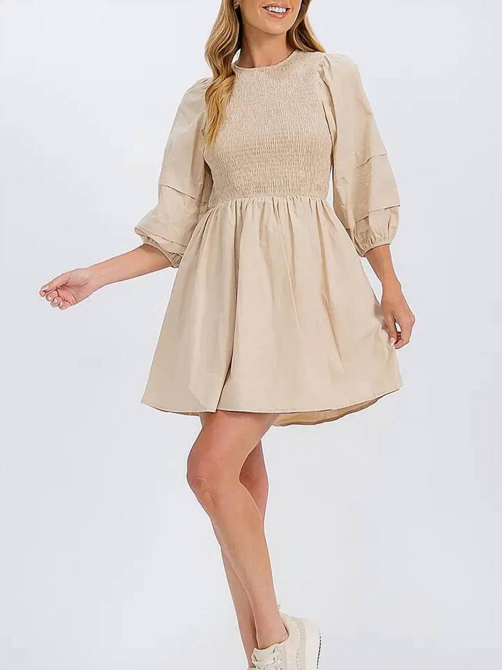 NEW IN THE BEGINNING arron smocked dress in natural